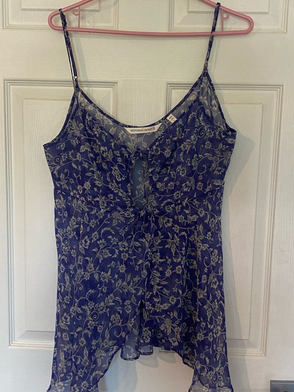 Vintage Victoria's Secret Navy and Cream Floral Lace-Trim Chemise Slip